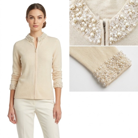 Peck & Peck Sweaters - VTG Peck & Peck Cashmere Beaded Pearl Embellished Zip Cardigan Sweater M Cream